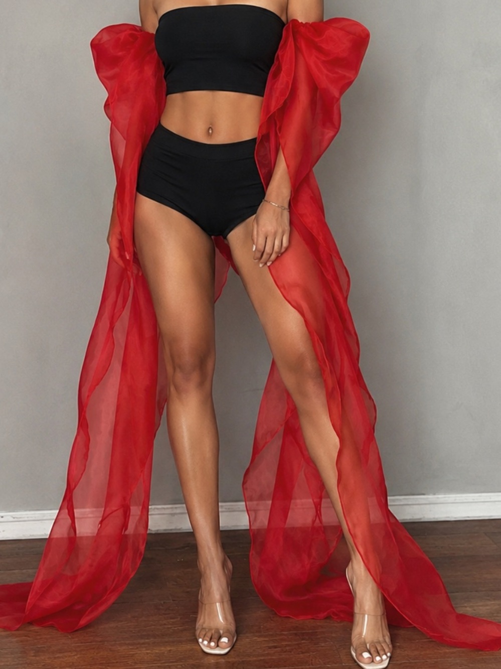 Red Off Shoulder Puff Chiffon Arm Sleeves